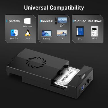 Док-станція FIDECO для HDD/SSD 2.5'' та 3.5'' SATA, USB 3.0 5Gbps, зовнішній корпус для жорстких дисків з вентилятором та підтримкою UASP