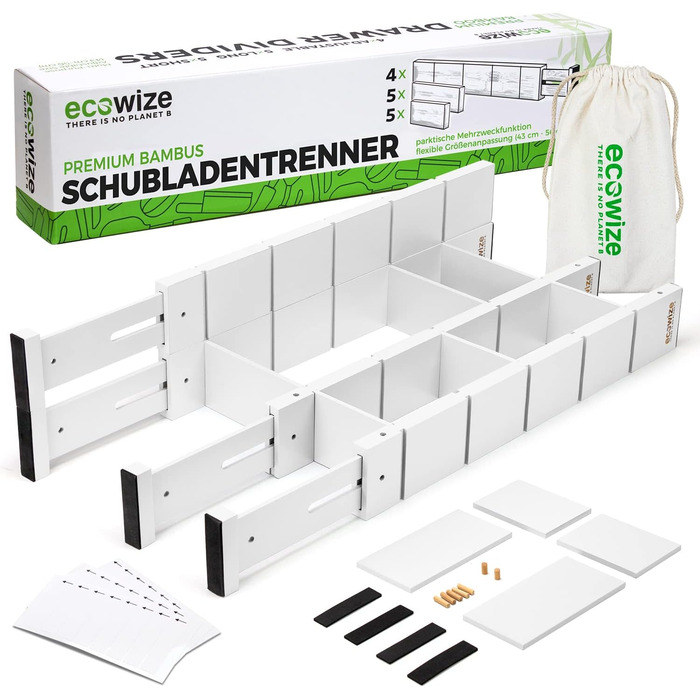 Drawer Dividers (43-56 cm) - Bamboo Drawer Organizer, Spring-loaded - Drawer Dividers for Kitchen, Bedroom, Bathroom, Bedroom, Desk & Craft Table (White)