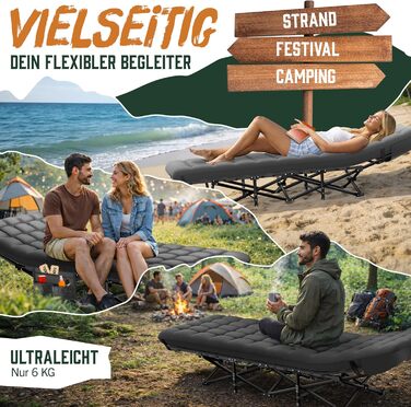 Ліжко кемпінгове розкладне ELONEO NEU Преміум з навантаженням до 200 кг | Гостьове ліжко, лежак для відпочинку в приміщенні та на вулиці | З сумкою для транспортування (Антрацит)