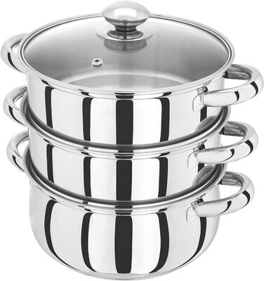 Парoварка з нержавіючої сталі Judge Essentials, 20 см, 3 рівня, термодно, вентильований скляний кришка, для овочів, енергозберігаюча, індукційна