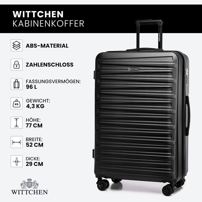 WITTCHEN Skyspeed Line - великий валіза з жорстким корпусом ABS, 4 колеса, телескопічна ручка, комбінаційний замок, чорний. Підходить для авіакомпаній Lufthansa, Eurowings, Ryanair, Condor