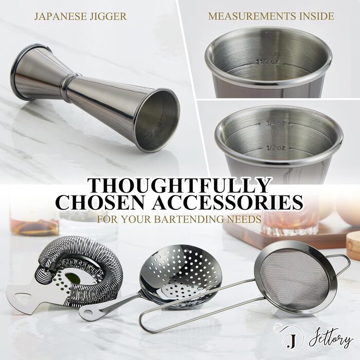 Набір шейкерів Boston - 16 предметів, нержавіюча сталь з акриловою основою, сито, щипці для льоду, барна ложка, мірний стакан, мадлер, виливний носик та шпажки для коктейлів (чорний)