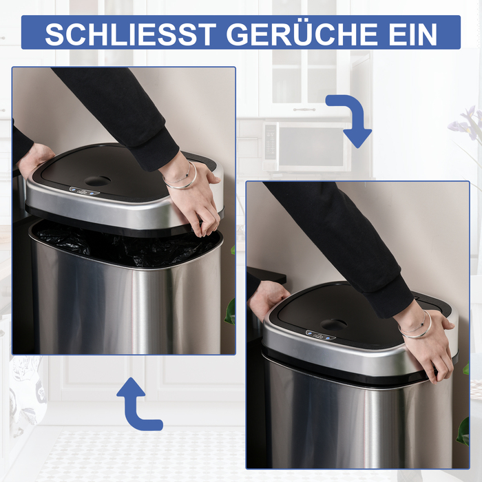 HOMCOM 58L Automatic Trash Can with Infrared Sensor, Hygienic, Large, Stainless Steel Silver, L40.9 x B28.9 x H68 cm