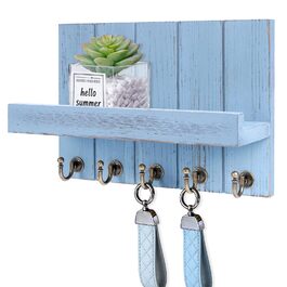 Дерев'яне ключниця з поличкою, 5 гачків, для прихожої, спальні, вітальні (Блакитний)