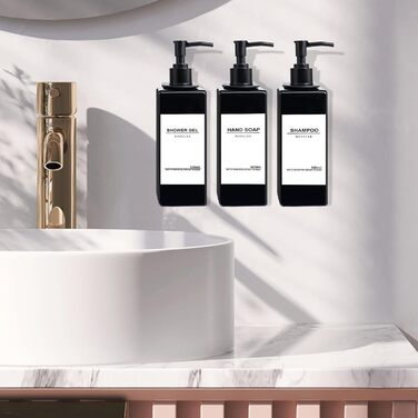 Набір з 3 дозатори для мила Roselee на стіну, 500 мл, без свердління, для душу, шампуню, ванни, чорний