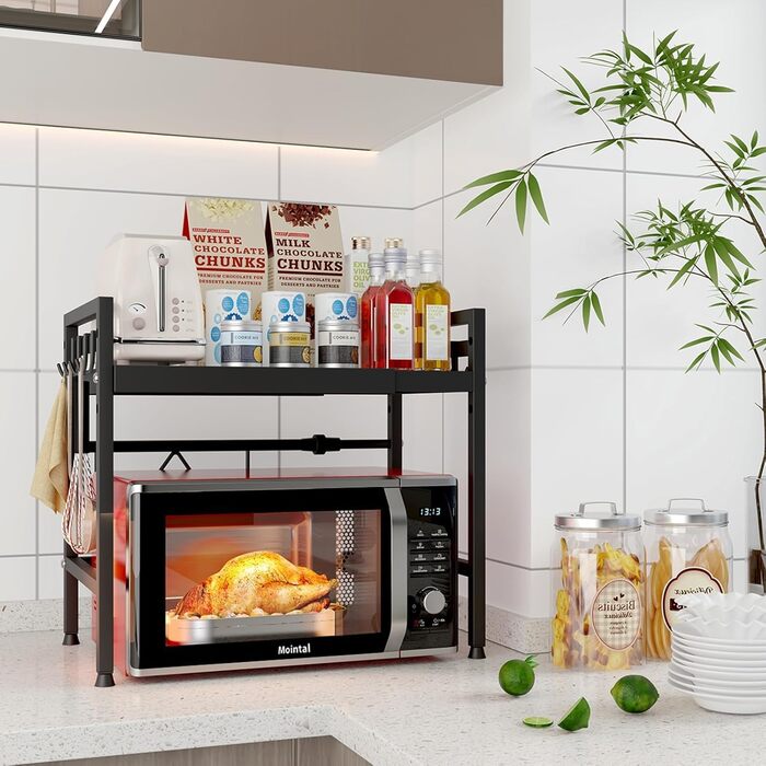 Регульована підставка для мікрохвильової печі, 2-ярусна розширювана, з вуглецевої сталі, з 8 гачками, (2 шт., чорний)