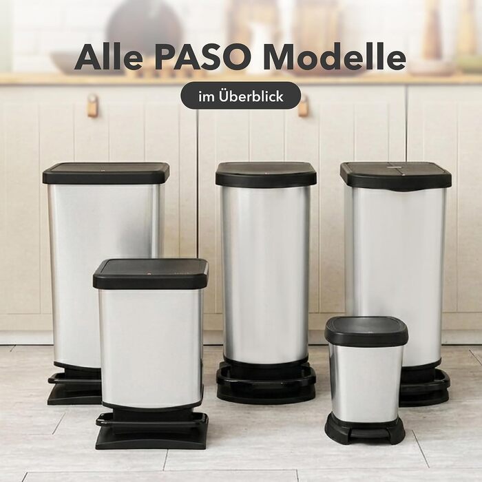 Сміттєвий відро Rotho Paso на 40 л з педаллю та Soft-Close кришкою, сріблясте