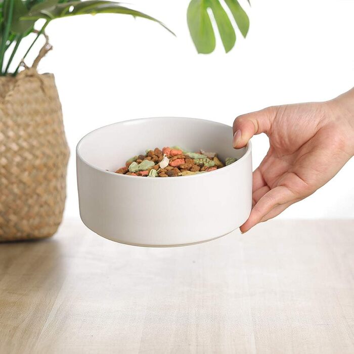 Керамічна миска для корму для собак та котів з дерев'яною підставкою, 850 мл, білий колір