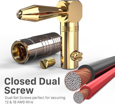 Позолочені кутові бананові роз'єми FosPower для акустичних кабелів, Hi-Fi підсилювачів та домашнього кінотеатру, з подвійними фіксаційними гвинтами (12 шт / 6 пар)