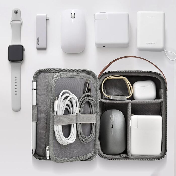 Органайзер для кабелів WIWU з ручкою, велика місткість, для аксесуарів електроніки, переносний, для подорожей, офісу, школи, зарядних пристроїв, кабелів, повербанків, жорстких дисків (сірий)