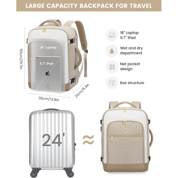 Рюкзак LOVEVOOK для жінок, 40л, ручна поклажа, для ноутбука 18 дюймів, водонепроникний, для подорожей, бізнесу, сумка-дуфіль, набір ручної поклажі, бежевий, хакі