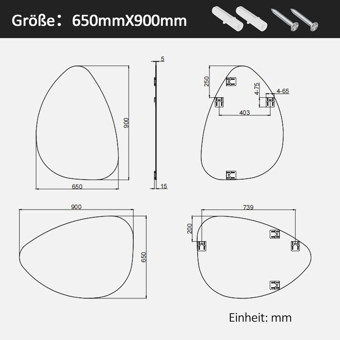 Дзеркало Boromal Spiegel чорне 40x60 см з металевим обрамленням для ванної, туалету, спальні (65x90 см, асиметричний стиль A)