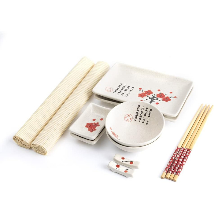 Традиційний японський набір для суші: тарілки, палички та підтарілки на 2 особи. З порцеляни, з візерунком квітки сакури. Ідеальний японський подарунок.