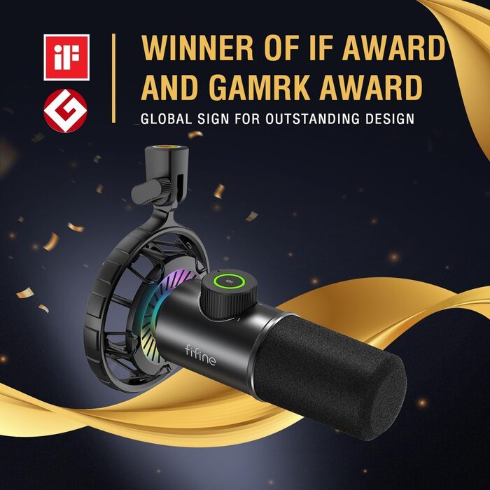 Мікрофон FIFINE K658 Black - USB мікрофон для ПК, PS4, PS5, MAC з RGB підсвічуванням, динамічний, 16 біт/48 кГц, 3.5 мм роз'єм для навушників, Plug-and-Play, з амортизатором