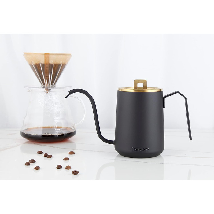 Easyworkz Swan Neck Pouring Kettle 600ml Stainless Steel Hand Drip Coffee Pot with Long Narrow Spout, Brushed Gold Black