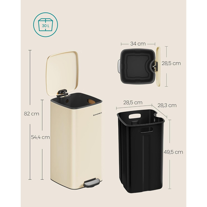 Відро для сміття SONGMICS з педаллю, сталеве, з внутрішнім відром, Soft-Close, 30 л, пісочно-бежевий