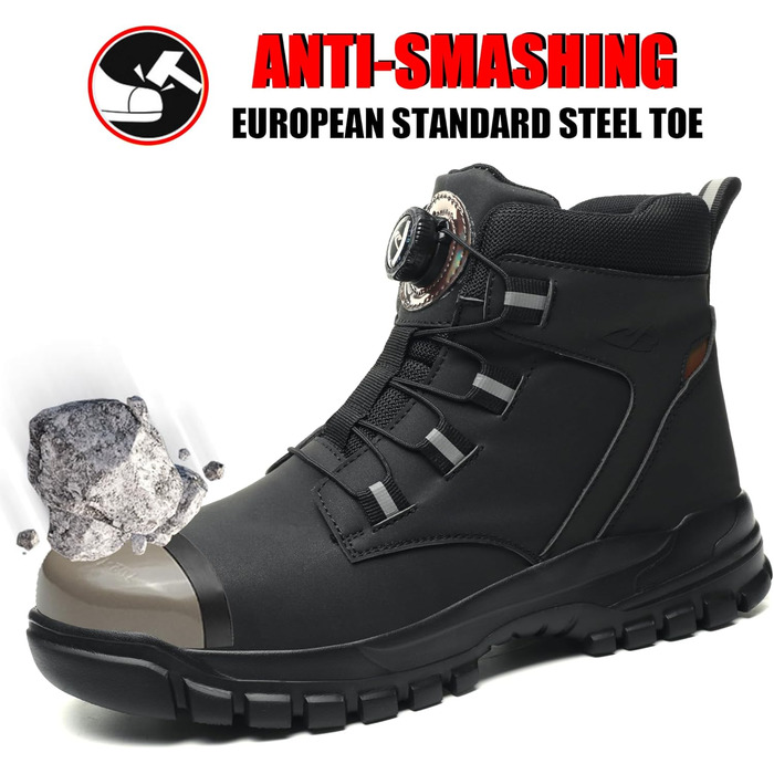 Черевики безпеки для чоловіків та жінок. Легкі, водонепроникні робочі черевики зі сталевим підноском. Чорні робочі черевики з антиковзкою підошвою. Розмір 43 EU