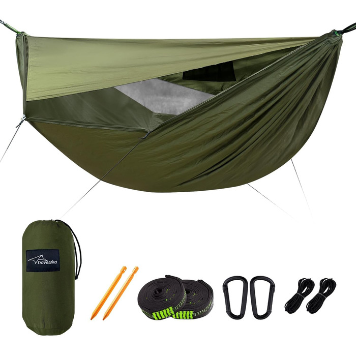 Гамак для кемпінгу з москітною сіткою та відтяжкою, великий на 2 особи, 290 x 140 см, легкий, для відпочинку на природі, походів, подорожей та рюкзаків, армійний колір 01-armeegrün (02-armee)