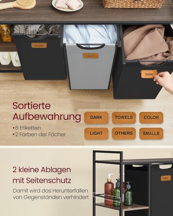 VASAGLE Laundry Basket with 3 Compartments, Laundry Collector 150 L, Laundry Sorter, Wheels, Laundry Cart with Shelves, Laundry Bag, with Removable Bags, 6 Labels, Chestnut Brown-Ink Black-Dove Gray BLH312B01