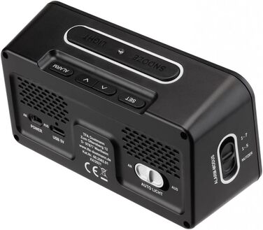 TFA Dostmann Digital Radio Alarm Clock BOXX2, 60.2562.01, German display, 2 alarm times, room climate monitoring, with weekday, with battery, black, (L) 138 x (W) 52 x (H) 72 mm