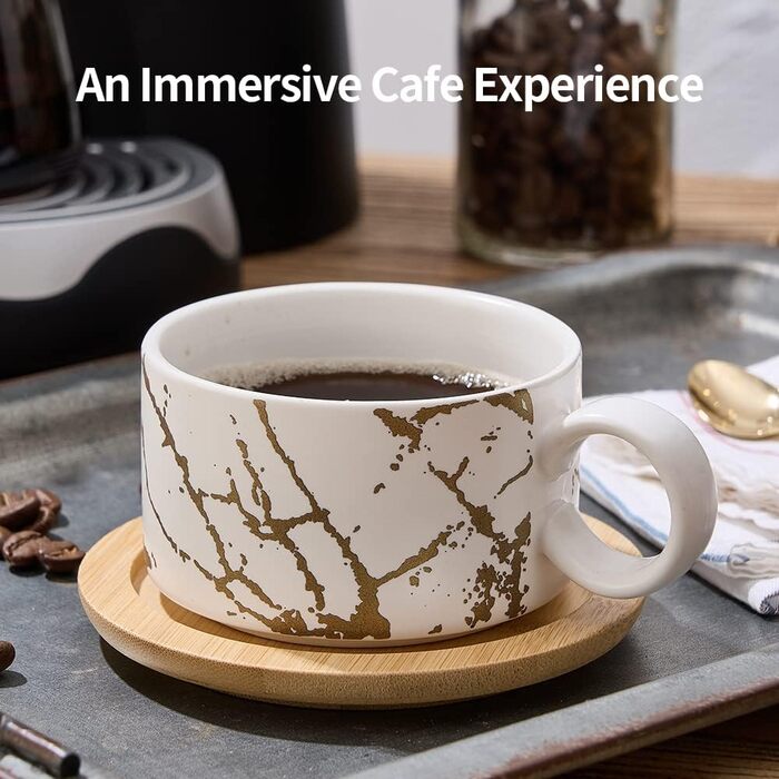 Набір келихів для еспресо LUKA з блюдцем та металевою підставкою (4 шт.), 118 мл, кераміка, мармуровий візерунок білий