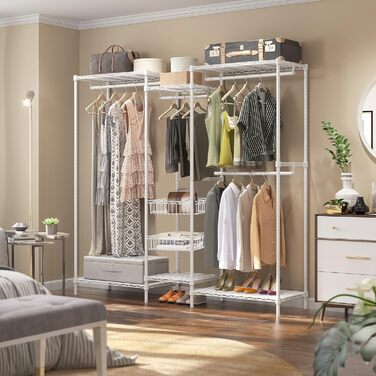 Heavy-Duty Clothes Rack, Clothes Rod, Wardrobe, Freestanding Clothes Rail with Height-Adjustable Shelves and Storage Baskets, Load Capacity up to 320 kg, White