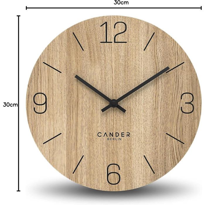 Cander Berlin MNU 2725 D Wall Clock Wood Silent 25 cm Modern Oak Veneer Vintage No Ticking Sounds Kitchen Living Room Analog