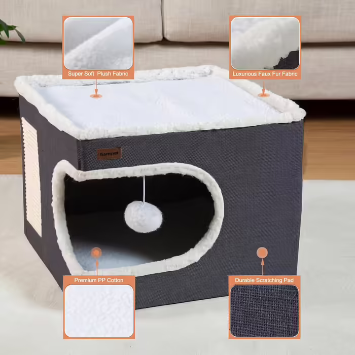 Indoor cat bed, cat cave and furniture with scratching pad and hideaway tent, cute, modern cat house for multiple small pets, large kittens, kittens, dark grey