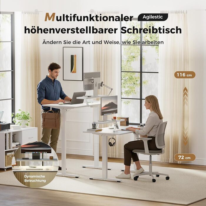 Електричний регульований стіл Agilestic 140x60 см з LED-підсвіткою, USB-портом та мобільним тримачем монітора, білий
