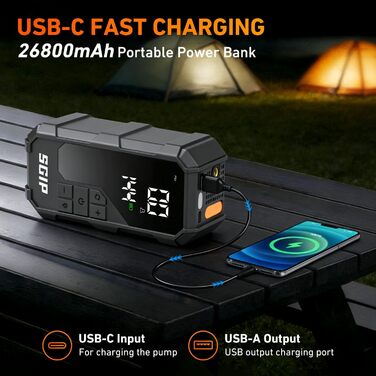 Пускозарядний пристрій для авто 7000A з компресором 150PSI, Powerbank 26800mAh для бензину (до 9л) та дизеля (до 8л), LED-ліхтар