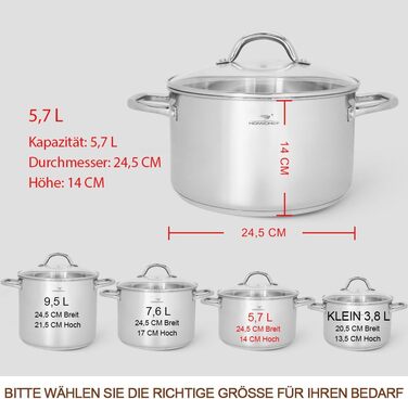 HOMICHEF Суповий каструля 9,5 л з кришкою, нікель-вільна нержавіюча сталь, індукційна, зручні ручки, полірована, срібляста, преміум-якість