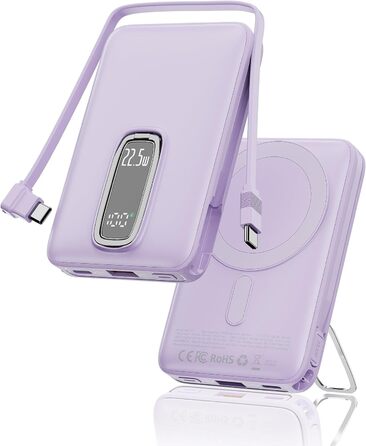 Power Bank MagSafe на iPhone 10000mAh 22.5W з кабелем USB-C, магнітна бездротова зарядка, акумулятор для iPhone 17/16/15/14/13/12 Max/Pro/Plus (Ліловий)