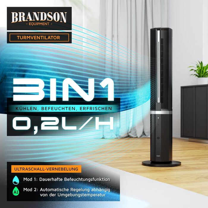 Вентилятор з водяним охолодженням Brandson - преміум модель 2025 року, з вологопоглиначем та дистанційним керуванням, 12 швидкостей, тихий DC-двигун