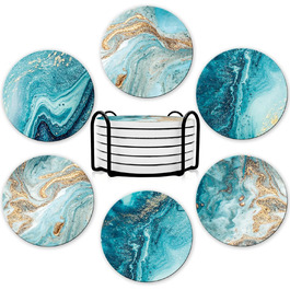 Dooke Coasters for Drinks, round, absorbent ceramic stone coasters with cork base, fun turquoise marble (ocean) drink coasters
