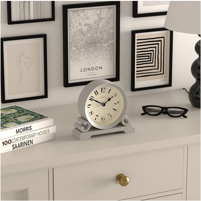 JONES CLOCKS® Saloon Table Clock | Traditional Double Scroll Design | Green | Contemporary Classic Style for Desk, Table, Shelf or Nightstand (Gray)