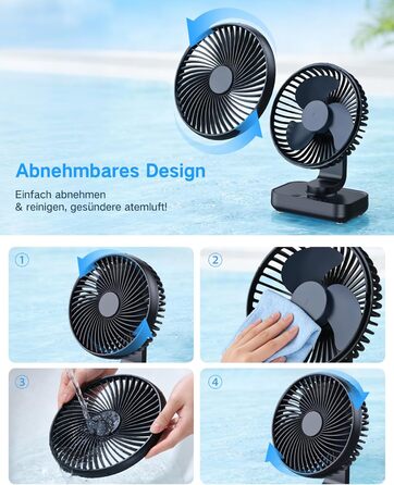 Портативний вентилятор настільний з акумулятором, тихий (30 дБ), 4 швидкості, LED дисплей, USB-C, знімний, для дому та офісу
