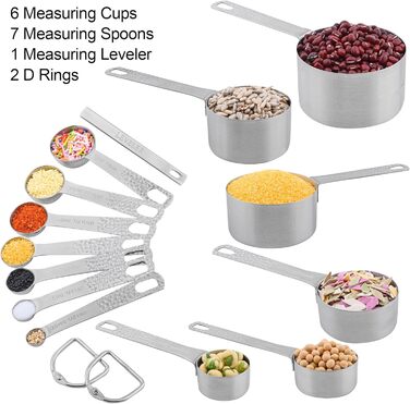 Viwehots Measuring Cups and Spoons, 14 Piece, 18/8 Stainless Steel Measuring Cups and Spoon Set, 6 Metric Measuring Cups and 7 Spoons, 1 Level, Dry Measuring Cups and Spoon Set for Baking and Kitchen