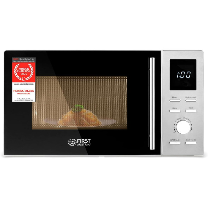 Мікрохвильова піч з грилем TZS First Austria 20L - 2-в-1, 700/800W, 8 програм, LED-дисплей, нержавіюча сталь, дитячий замок