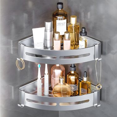 Поличка для душу без свердління, кутова, 2 шт., срібна, алюміній. Органайзер для ванної кімнати з 4 гачками. Підходить для ванної та кухні