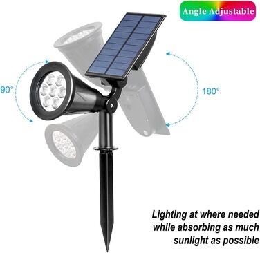 T-SUN LED Solar Spotlights, 2 Pack 4 LED Solar Garden Lights, Bright Garden Lights, 2 Lighting Modes, Safety Lighting, Large Outdoor Light for Lawn, Paths, Terrace (Cool White 6000K) (7led-rgb, 1 Piece)