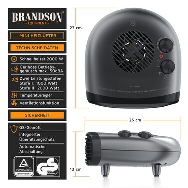 Електричний обігрівач Brandson Heizlüfter 2000W з термостатом, 3 режими потужності, енергоефективний та тихий, захист від перегріву (Cool Grey)