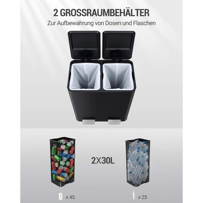 Відро для сміття з сортуванням 60 л, нержавіюча сталь, з педаллю, 2 відділення, SW06099E (Чорний)