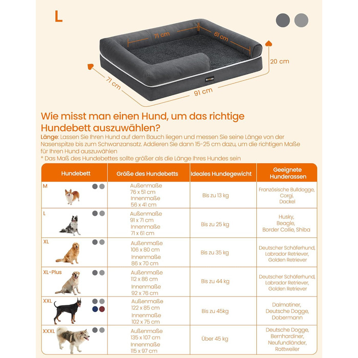 Feandrea Orthopedic Dog Bed, Dog Cushion, Dog Basket, Soft Padding, Dog Sofa, Raised Edges, Removable and Washable Cover, 91 x 71 x 20 cm, Non-Slip Bottom, Dark Grey PGW076G01