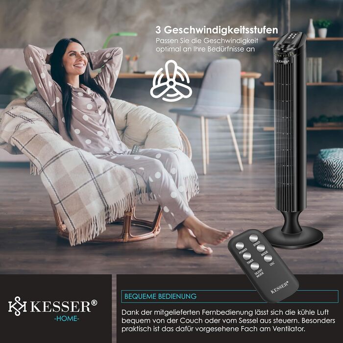 Турбо вентилятор KESSER® з пультом керування | 90° кут осциляції | 3 швидкості | 90 см | Таймер | Turbo функція | Колонний вентилятор | Чорний