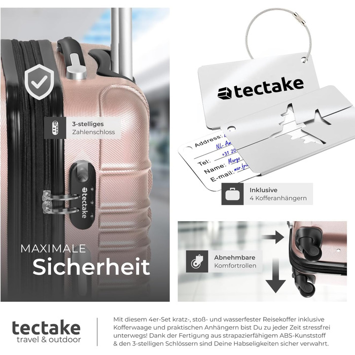 Набір валіз Tectake® 4 шт. з ABS-пластику, рожевого кольору, з колесами, телескопічним ручками та замками, включає ваговою та аксесуарами для валіз (S-M-L-XL)