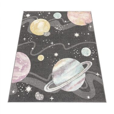 Paco Home Children's Rug, Children's Room, Boy, Girl, Modern, Space, Planets, Stars, Soft, Anthracite, Multicolored, Size: 160x220 cm, 160 x 220 cm (Rectangular)