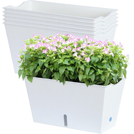 Самополивні прямокутні квіткові горщики Blumenkasten, 6 шт., з дренажними отворами та вентиляційними піддонами, для овочів, квітів, для підвіконня, тераси, балкона, саду, білого кольору