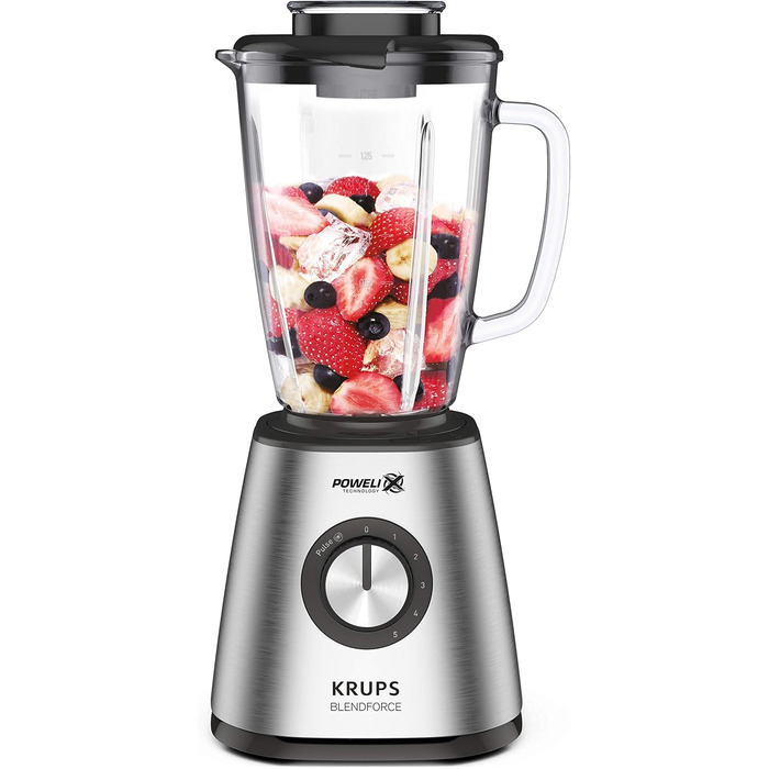 Krups KB439D Blendforce 2 Blender | 800 Watt | 5 Speeds | Pulse Function | 1.75 Liter Tritan Glass Container (Usable Volume: 1.25 Liters) | Shatterproof | Ice Crusher | Stainless Steel