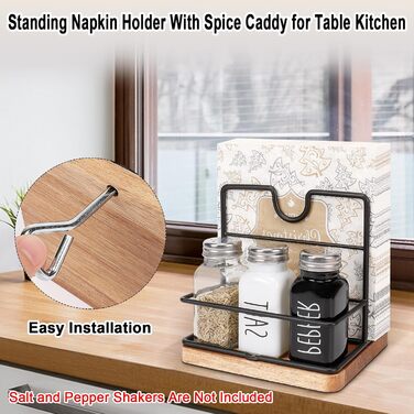 Livabber Napkin Holder, Metal Napkin Storage with Salt and Pepper Shakers, Caddy, Modern Napkin Dispenser for Table, Kitchen, Countertop, Salt and Pepper Shakers (Midwood, Black)