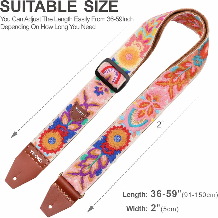 Гітарний ремінь 5,1 см з бавовни з шкіряними кінцями для бас-гітари, електрогітари та акустичної гітари (Квітка, кольорова 03)